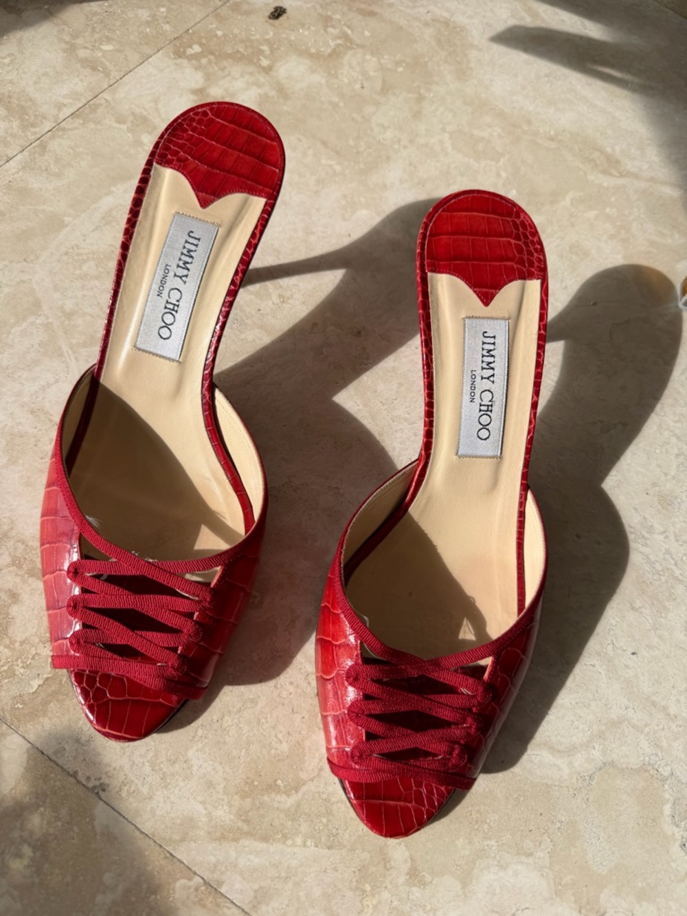 Jimmy Choo Red Croc-Embossed Open-Toe Slide Mules with Woven Strap